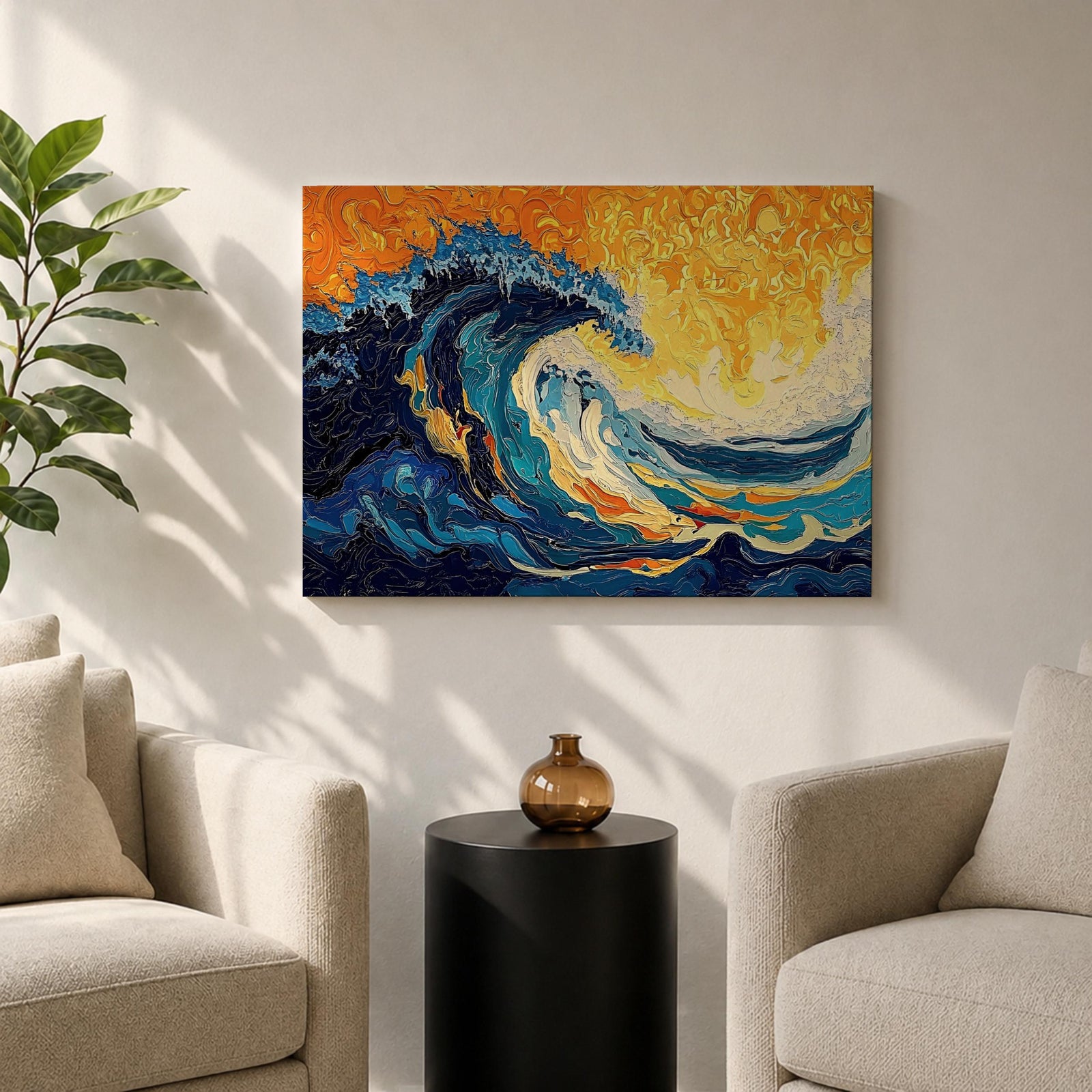 An abstract depiction of a large ocean wave crashing with dynamic swirling patterns in blue and orange hues. The artwork captures the energy and movement of the sea in a textured, painterly style emphasizing fluid shapes and vibrant contrasts, evoking a coastal nature scene.
