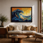 An abstract depiction of a large ocean wave crashing with dynamic swirling patterns in blue and orange hues. The artwork captures the energy and movement of the sea in a textured, painterly style emphasizing fluid shapes and vibrant contrasts, evoking a coastal nature scene.