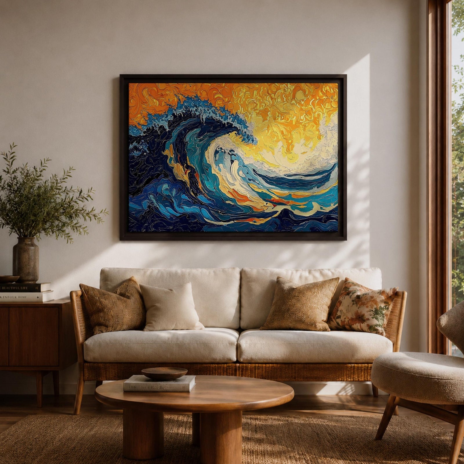 An abstract depiction of a large ocean wave crashing with dynamic swirling patterns in blue and orange hues. The artwork captures the energy and movement of the sea in a textured, painterly style emphasizing fluid shapes and vibrant contrasts, evoking a coastal nature scene.