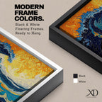 An abstract depiction of a large ocean wave crashing with dynamic swirling patterns in blue and orange hues. The artwork captures the energy and movement of the sea in a textured, painterly style emphasizing fluid shapes and vibrant contrasts, evoking a coastal nature scene.