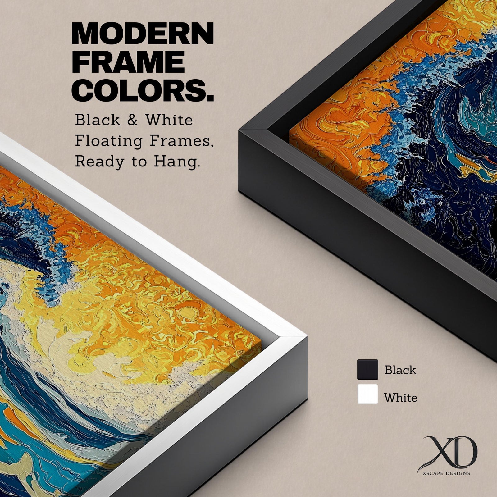 An abstract depiction of a large ocean wave crashing with dynamic swirling patterns in blue and orange hues. The artwork captures the energy and movement of the sea in a textured, painterly style emphasizing fluid shapes and vibrant contrasts, evoking a coastal nature scene.