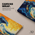 An abstract depiction of a large ocean wave crashing with dynamic swirling patterns in blue and orange hues. The artwork captures the energy and movement of the sea in a textured, painterly style emphasizing fluid shapes and vibrant contrasts, evoking a coastal nature scene.