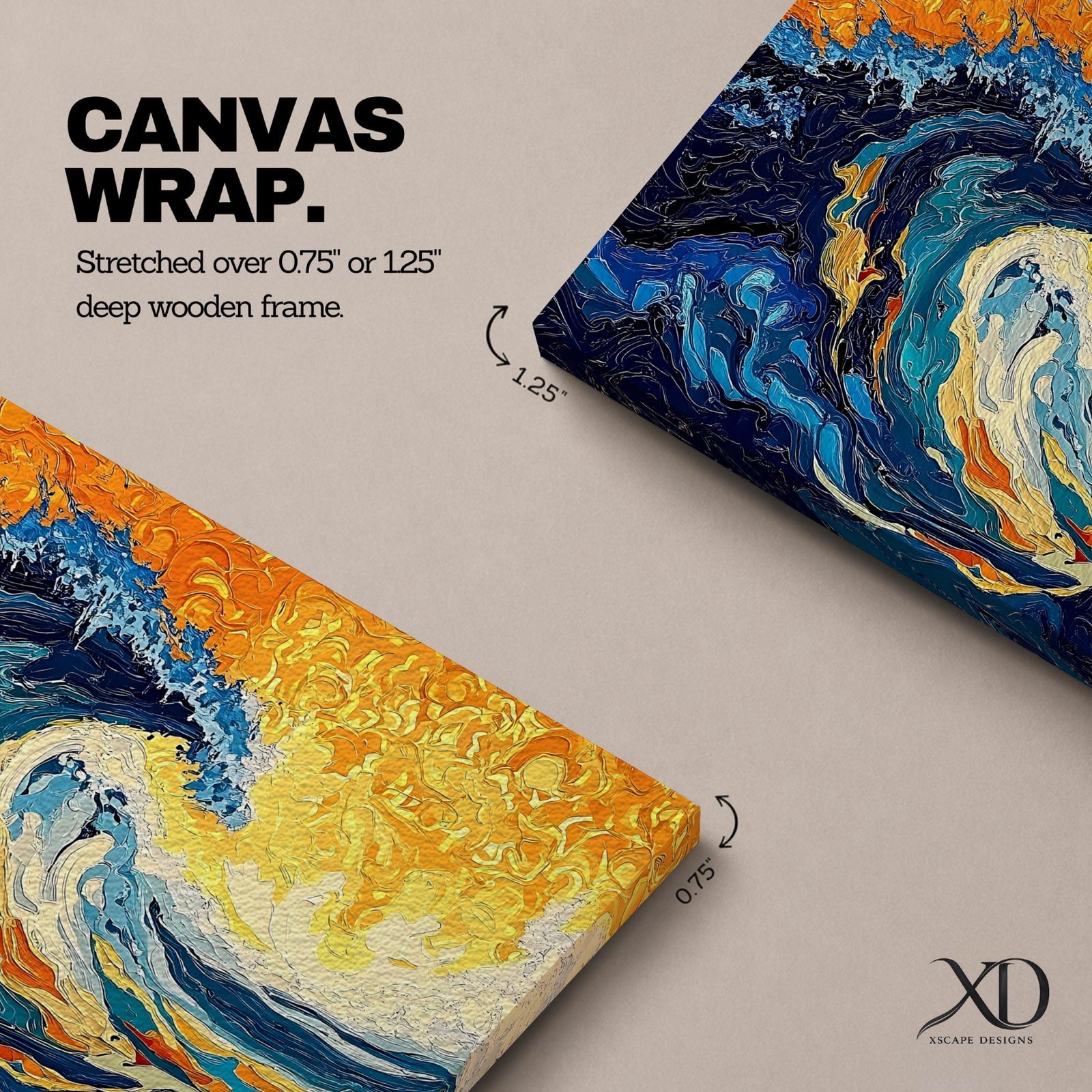 An abstract depiction of a large ocean wave crashing with dynamic swirling patterns in blue and orange hues. The artwork captures the energy and movement of the sea in a textured, painterly style emphasizing fluid shapes and vibrant contrasts, evoking a coastal nature scene.