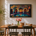 Colorful painting of a Persian mosque courtyard featuring ornate Safavid style arches decorated with intricate geometric tile patterns and arabesque motifs, with a reflective pool in the foreground and warm light glowing through the central archway highlighting the vibrant Islamic architectural details.
