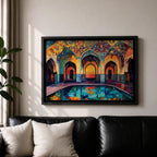 Colorful painting of a Persian mosque courtyard featuring ornate Safavid style arches decorated with intricate geometric tile patterns and arabesque motifs, with a reflective pool in the foreground and warm light glowing through the central archway highlighting the vibrant Islamic architectural details.