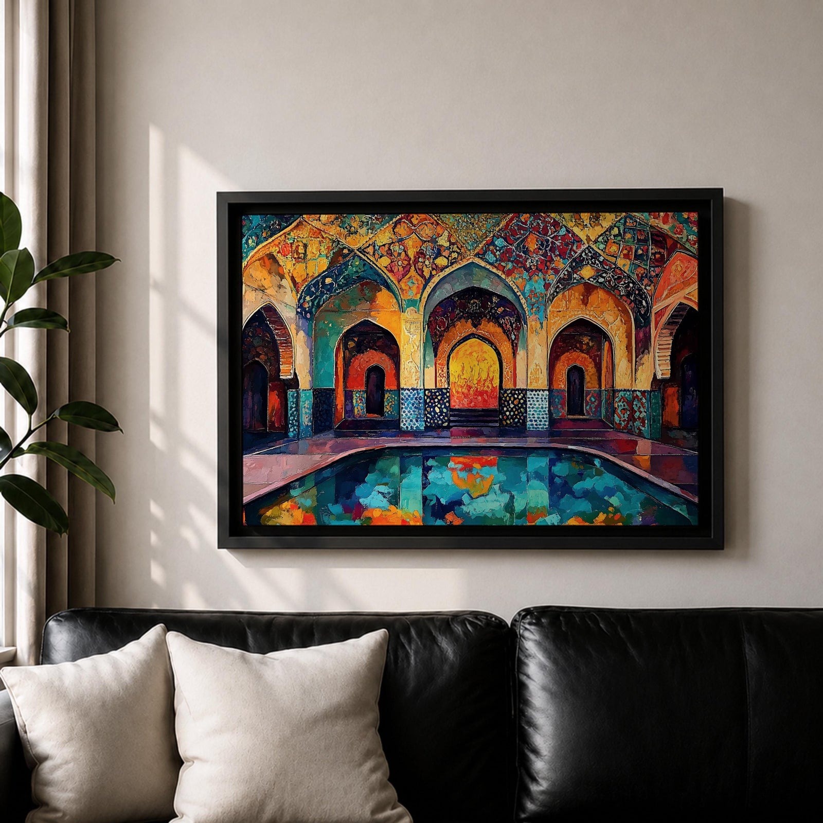 Colorful painting of a Persian mosque courtyard featuring ornate Safavid style arches decorated with intricate geometric tile patterns and arabesque motifs, with a reflective pool in the foreground and warm light glowing through the central archway highlighting the vibrant Islamic architectural details.