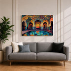 Colorful painting of a Persian mosque courtyard featuring ornate Safavid style arches decorated with intricate geometric tile patterns and arabesque motifs, with a reflective pool in the foreground and warm light glowing through the central archway highlighting the vibrant Islamic architectural details.