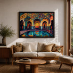 Colorful painting of a Persian mosque courtyard featuring ornate Safavid style arches decorated with intricate geometric tile patterns and arabesque motifs, with a reflective pool in the foreground and warm light glowing through the central archway highlighting the vibrant Islamic architectural details.