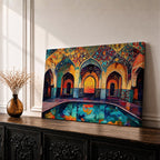Colorful painting of a Persian mosque courtyard featuring ornate Safavid style arches decorated with intricate geometric tile patterns and arabesque motifs, with a reflective pool in the foreground and warm light glowing through the central archway highlighting the vibrant Islamic architectural details.