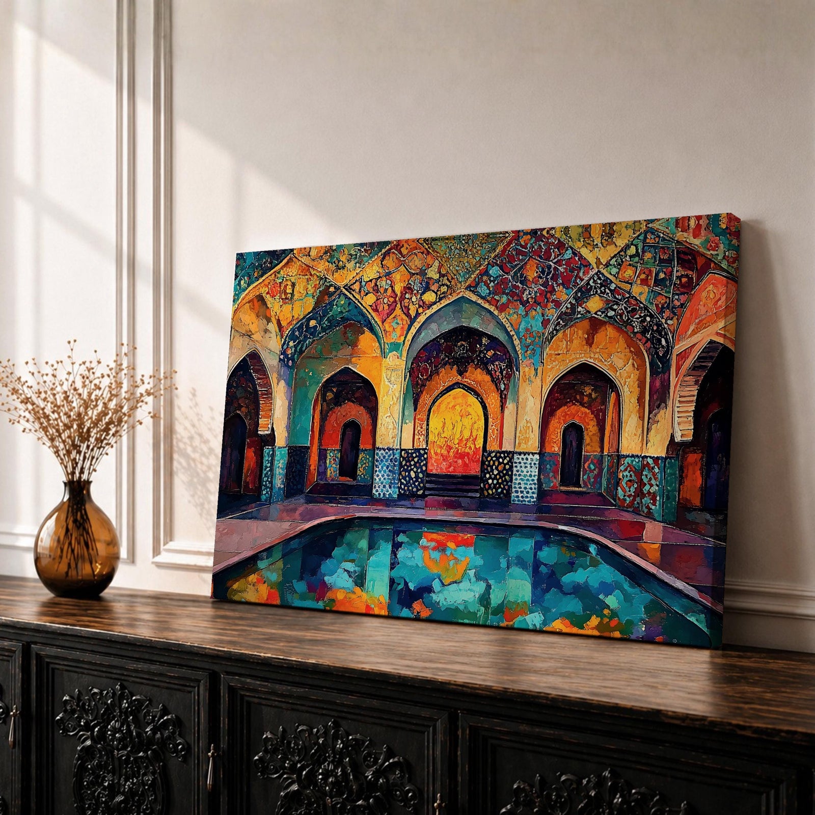 Colorful painting of a Persian mosque courtyard featuring ornate Safavid style arches decorated with intricate geometric tile patterns and arabesque motifs, with a reflective pool in the foreground and warm light glowing through the central archway highlighting the vibrant Islamic architectural details.