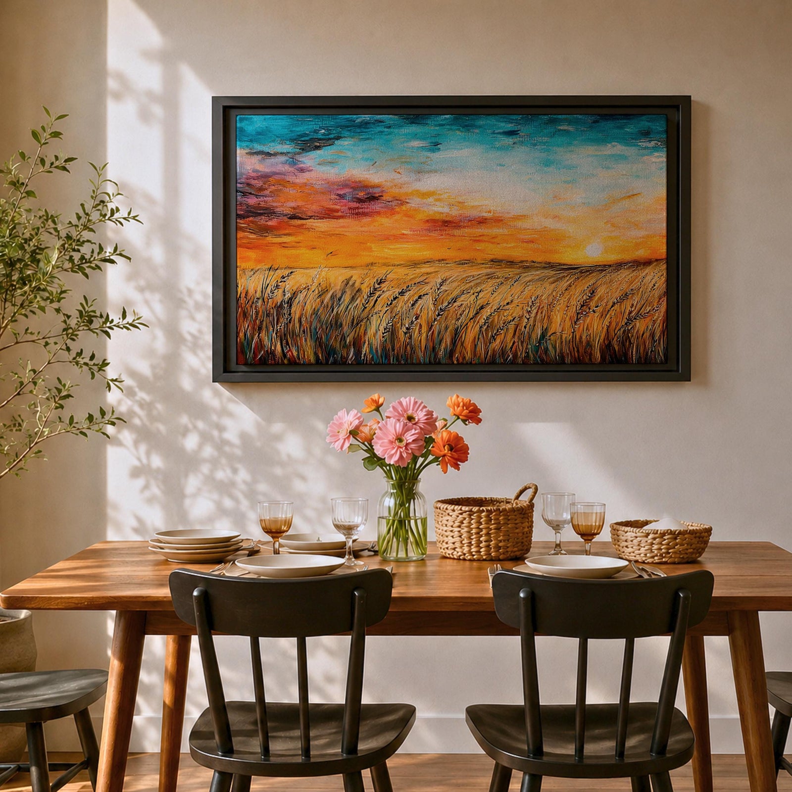 A framed canvas painting depicting a wheat field at sunset with golden stalks swaying under a vibrant sky blending orange, yellow, and blue hues. The artwork captures a rustic farmhouse landscape scene with textured brushstrokes emphasizing natural elements and an expansive horizon.