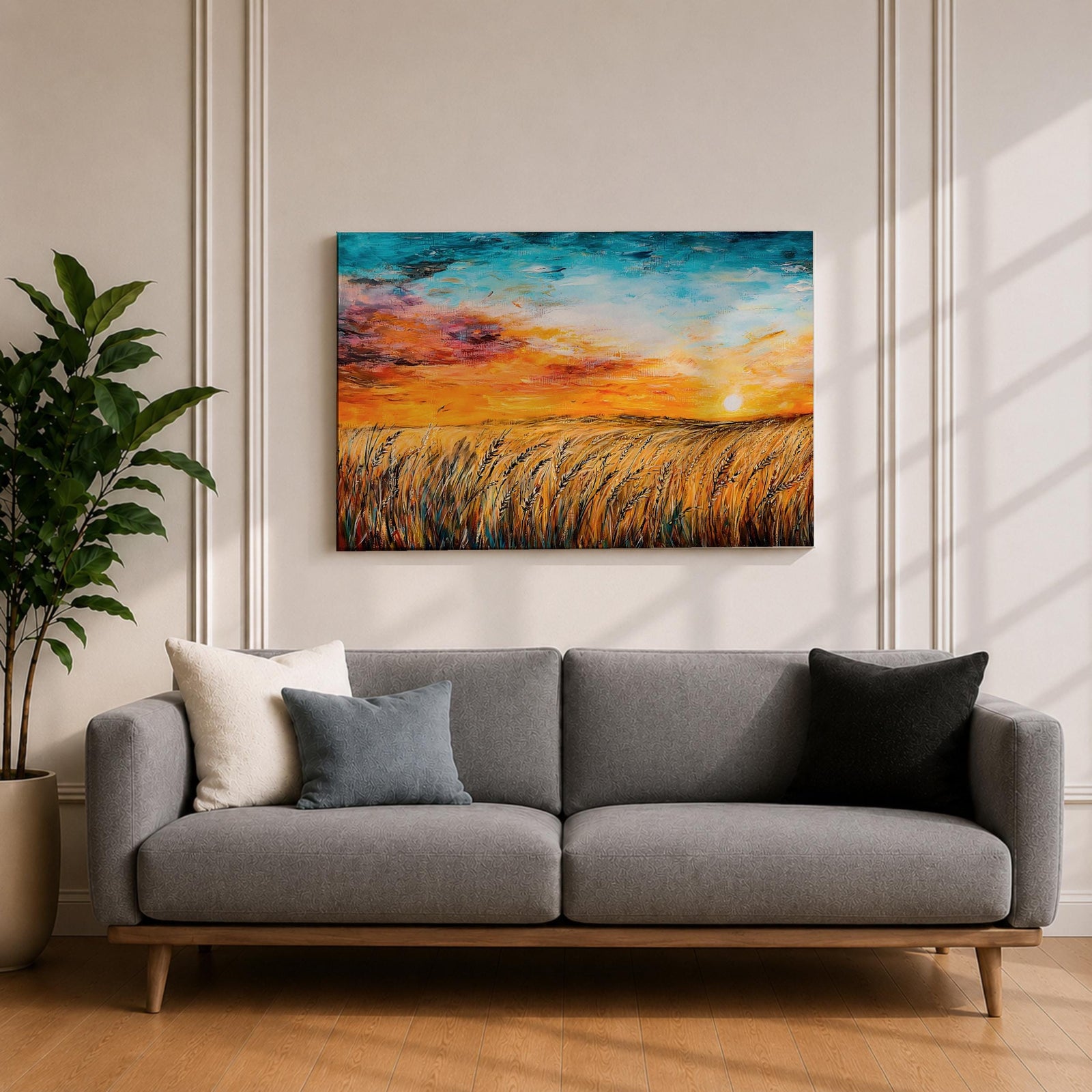 A framed canvas painting depicting a wheat field at sunset with golden stalks swaying under a vibrant sky blending orange, yellow, and blue hues. The artwork captures a rustic farmhouse landscape scene with textured brushstrokes emphasizing natural elements and an expansive horizon.