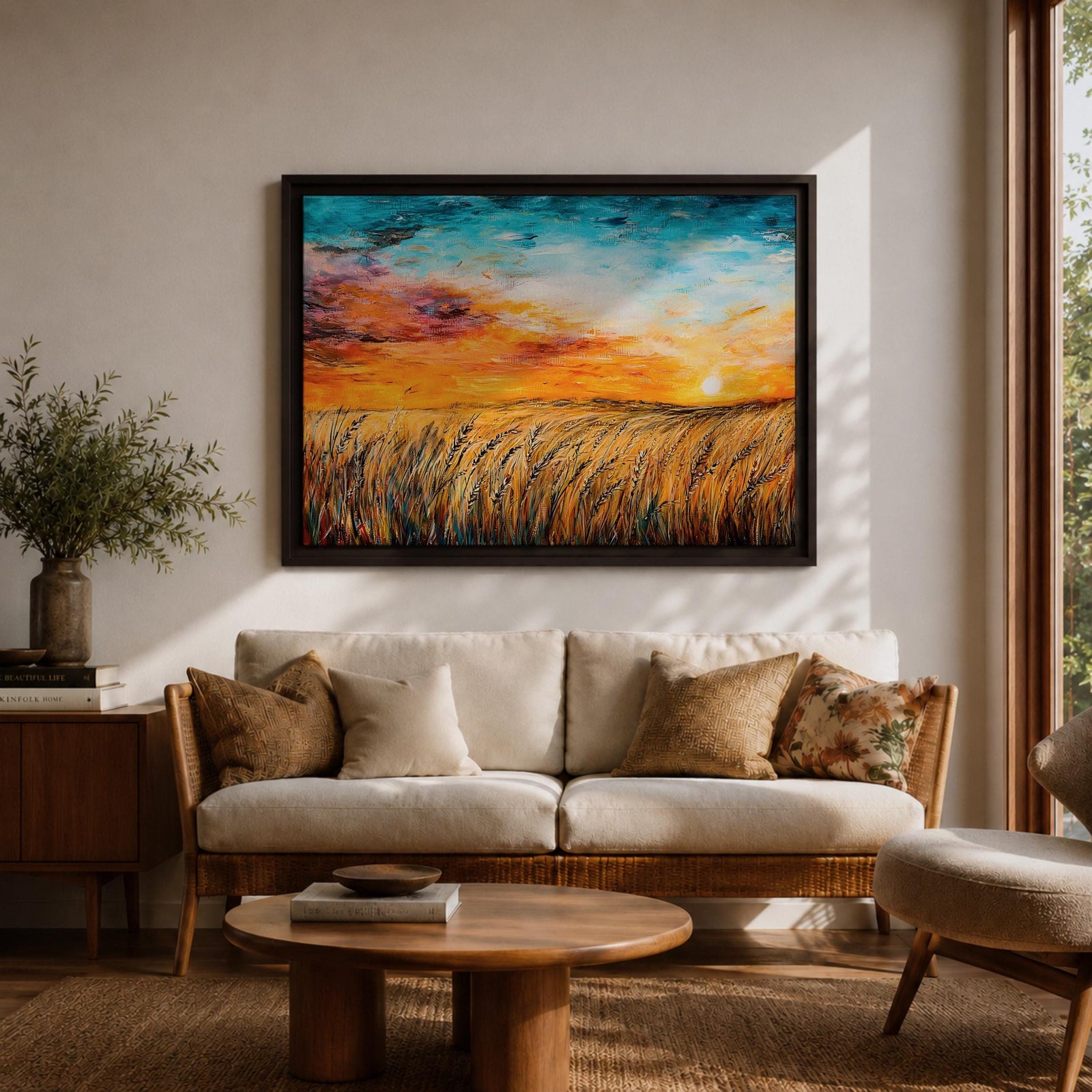 A framed canvas painting depicting a wheat field at sunset with golden stalks swaying under a vibrant sky blending orange, yellow, and blue hues. The artwork captures a rustic farmhouse landscape scene with textured brushstrokes emphasizing natural elements and an expansive horizon.
