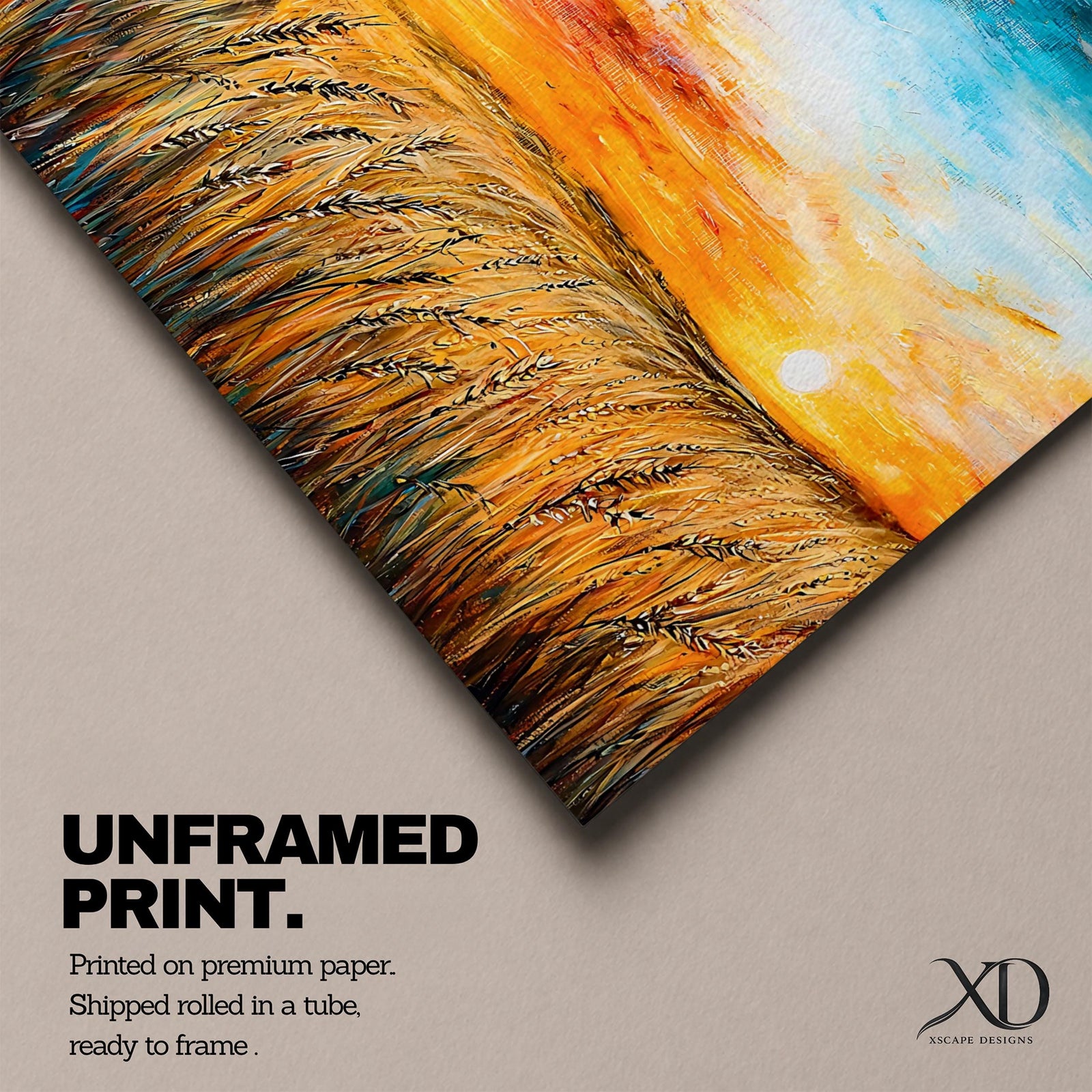 A framed canvas painting depicting a wheat field at sunset with golden stalks swaying under a vibrant sky blending orange, yellow, and blue hues. The artwork captures a rustic farmhouse landscape scene with textured brushstrokes emphasizing natural elements and an expansive horizon.