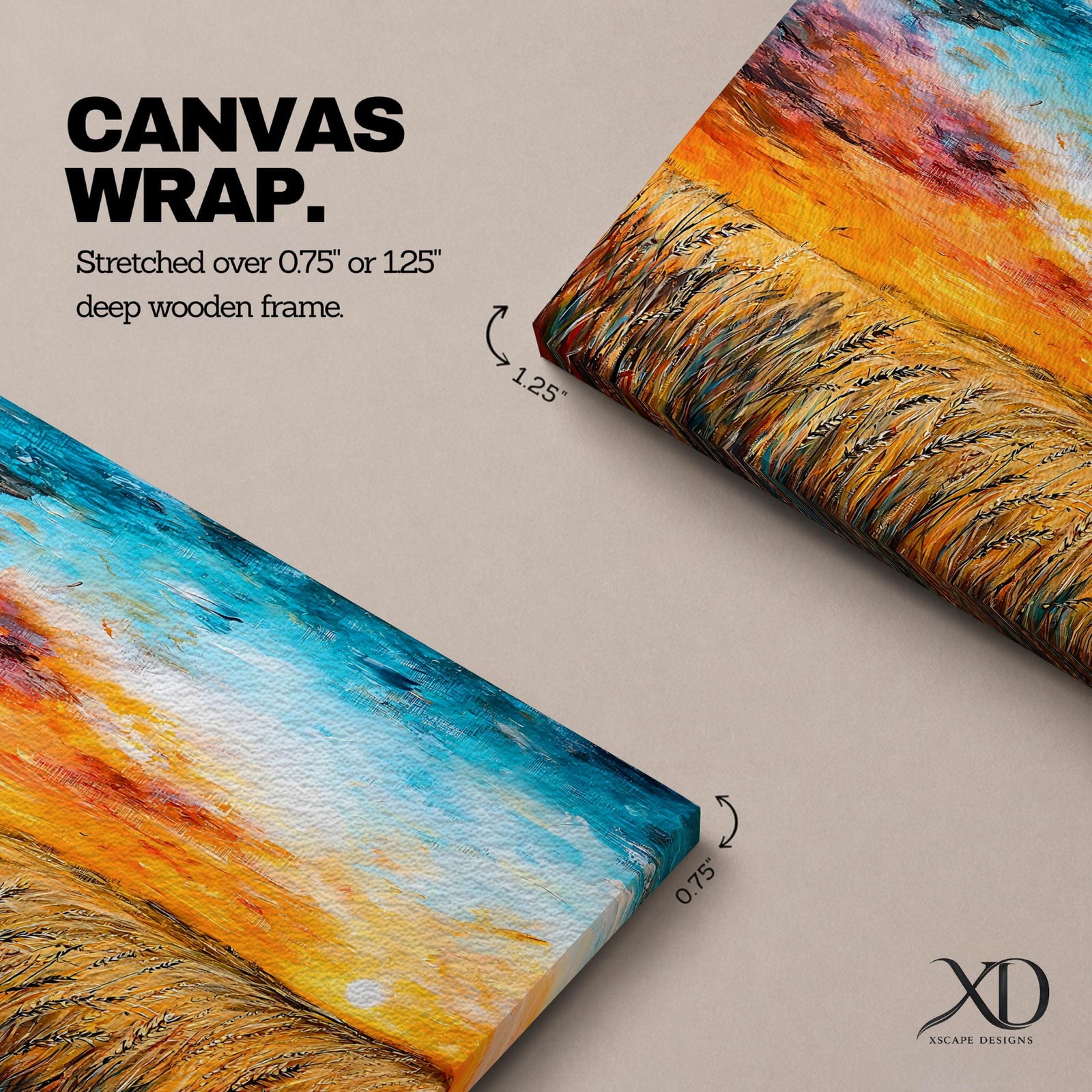 A framed canvas painting depicting a wheat field at sunset with golden stalks swaying under a vibrant sky blending orange, yellow, and blue hues. The artwork captures a rustic farmhouse landscape scene with textured brushstrokes emphasizing natural elements and an expansive horizon.