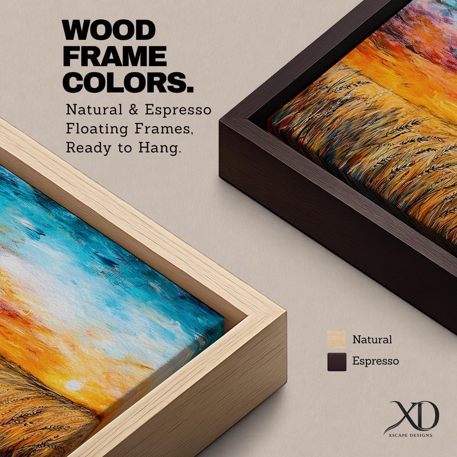 A framed canvas painting depicting a wheat field at sunset with golden stalks swaying under a vibrant sky blending orange, yellow, and blue hues. The artwork captures a rustic farmhouse landscape scene with textured brushstrokes emphasizing natural elements and an expansive horizon.