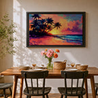A vibrant tropical sunset painting featuring silhouetted palm trees along a sandy beach with colorful clouds and a glowing sun setting over the ocean horizon in a vivid, painterly style capturing the warmth and tranquility of a beach seascape.