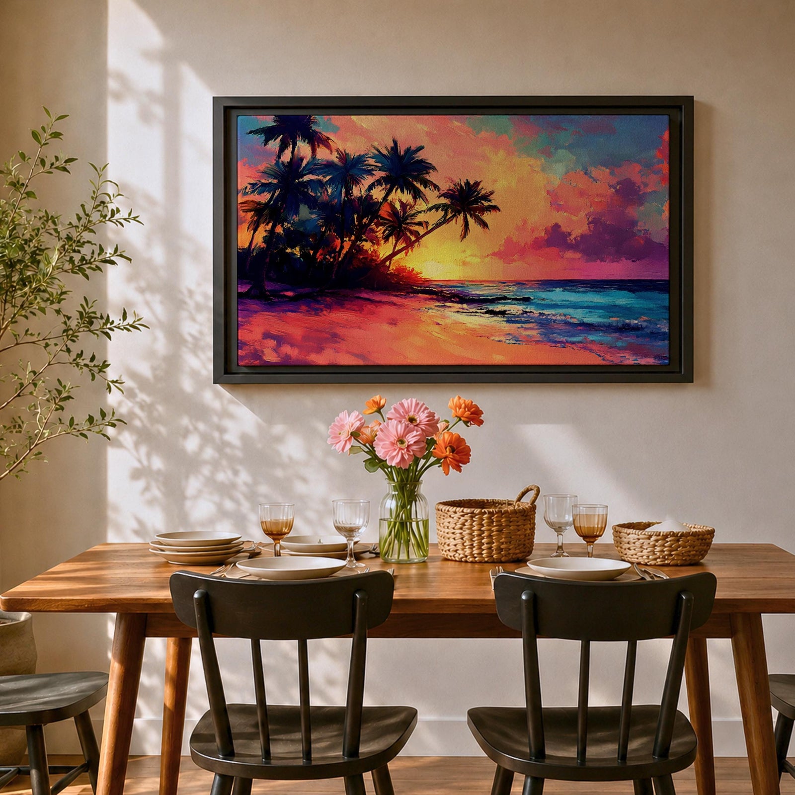A vibrant tropical sunset painting featuring silhouetted palm trees along a sandy beach with colorful clouds and a glowing sun setting over the ocean horizon in a vivid, painterly style capturing the warmth and tranquility of a beach seascape.