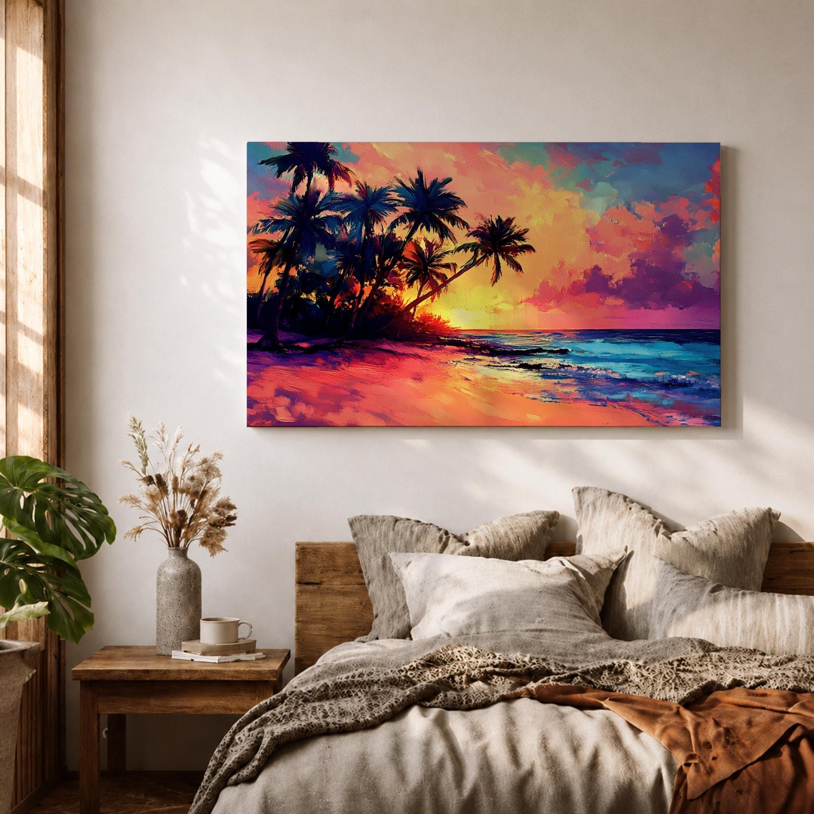 A vibrant tropical sunset painting featuring silhouetted palm trees along a sandy beach with colorful clouds and a glowing sun setting over the ocean horizon in a vivid, painterly style capturing the warmth and tranquility of a beach seascape.