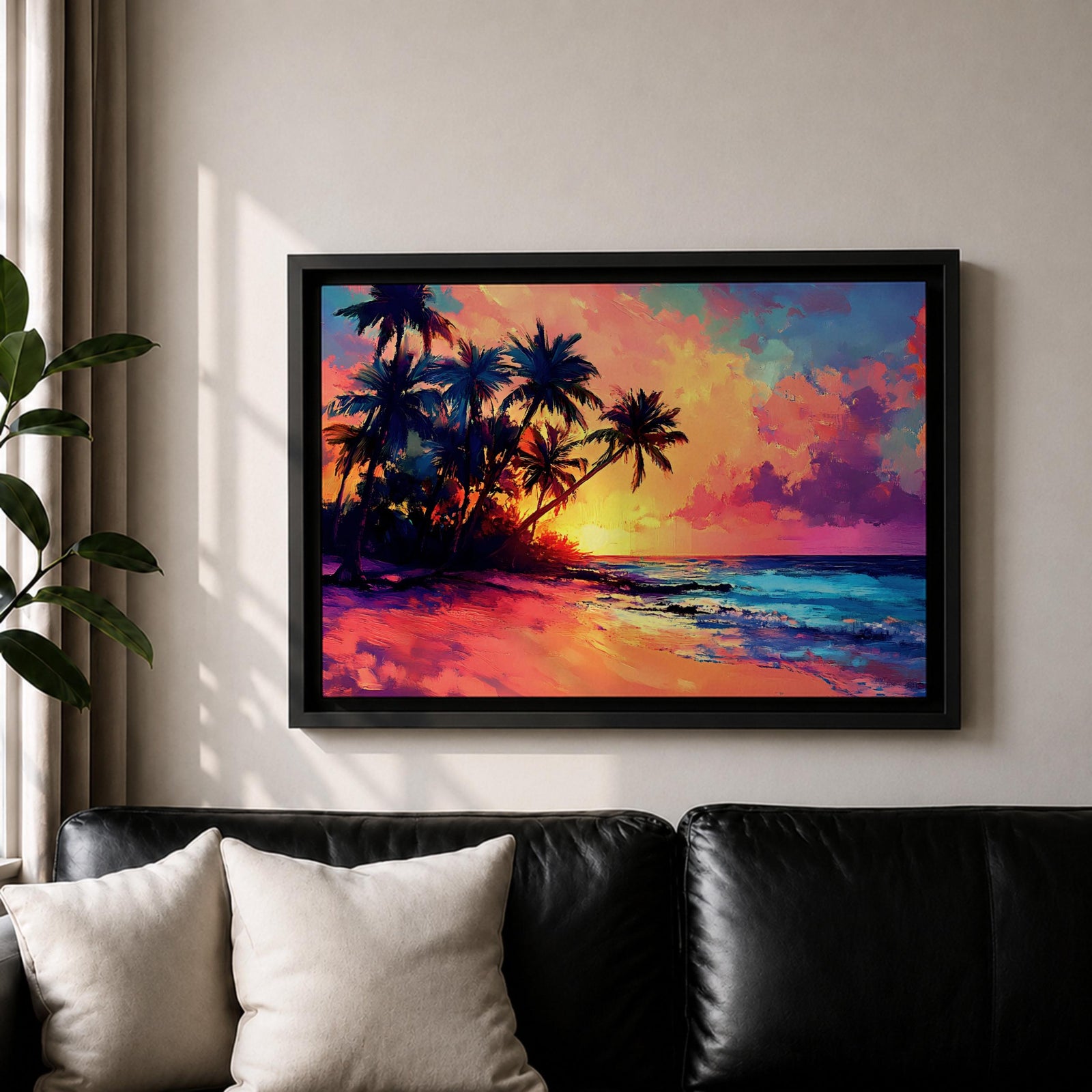A vibrant tropical sunset painting featuring silhouetted palm trees along a sandy beach with colorful clouds and a glowing sun setting over the ocean horizon in a vivid, painterly style capturing the warmth and tranquility of a beach seascape.