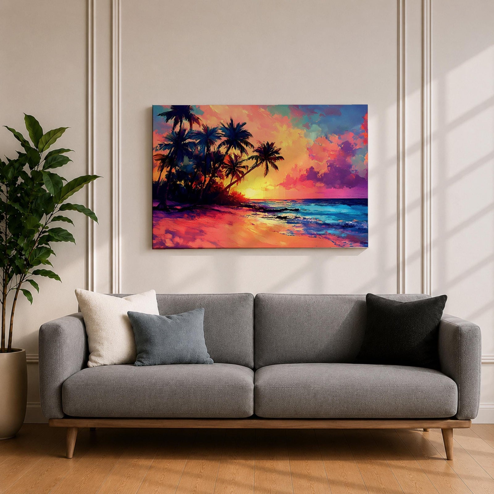 A vibrant tropical sunset painting featuring silhouetted palm trees along a sandy beach with colorful clouds and a glowing sun setting over the ocean horizon in a vivid, painterly style capturing the warmth and tranquility of a beach seascape.