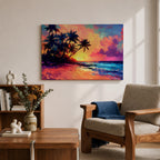 A vibrant tropical sunset painting featuring silhouetted palm trees along a sandy beach with colorful clouds and a glowing sun setting over the ocean horizon in a vivid, painterly style capturing the warmth and tranquility of a beach seascape.