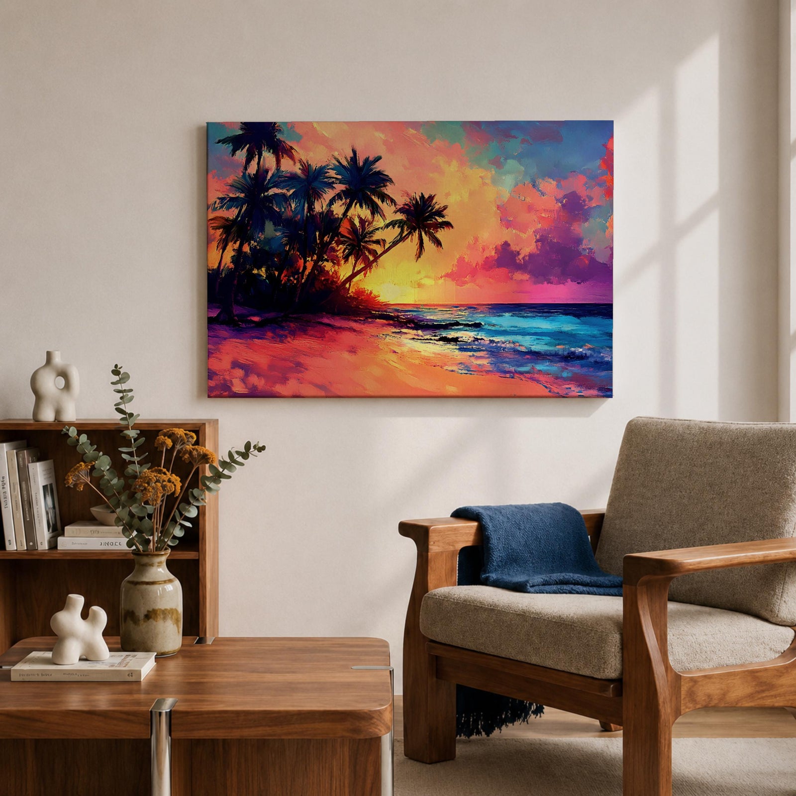 A vibrant tropical sunset painting featuring silhouetted palm trees along a sandy beach with colorful clouds and a glowing sun setting over the ocean horizon in a vivid, painterly style capturing the warmth and tranquility of a beach seascape.