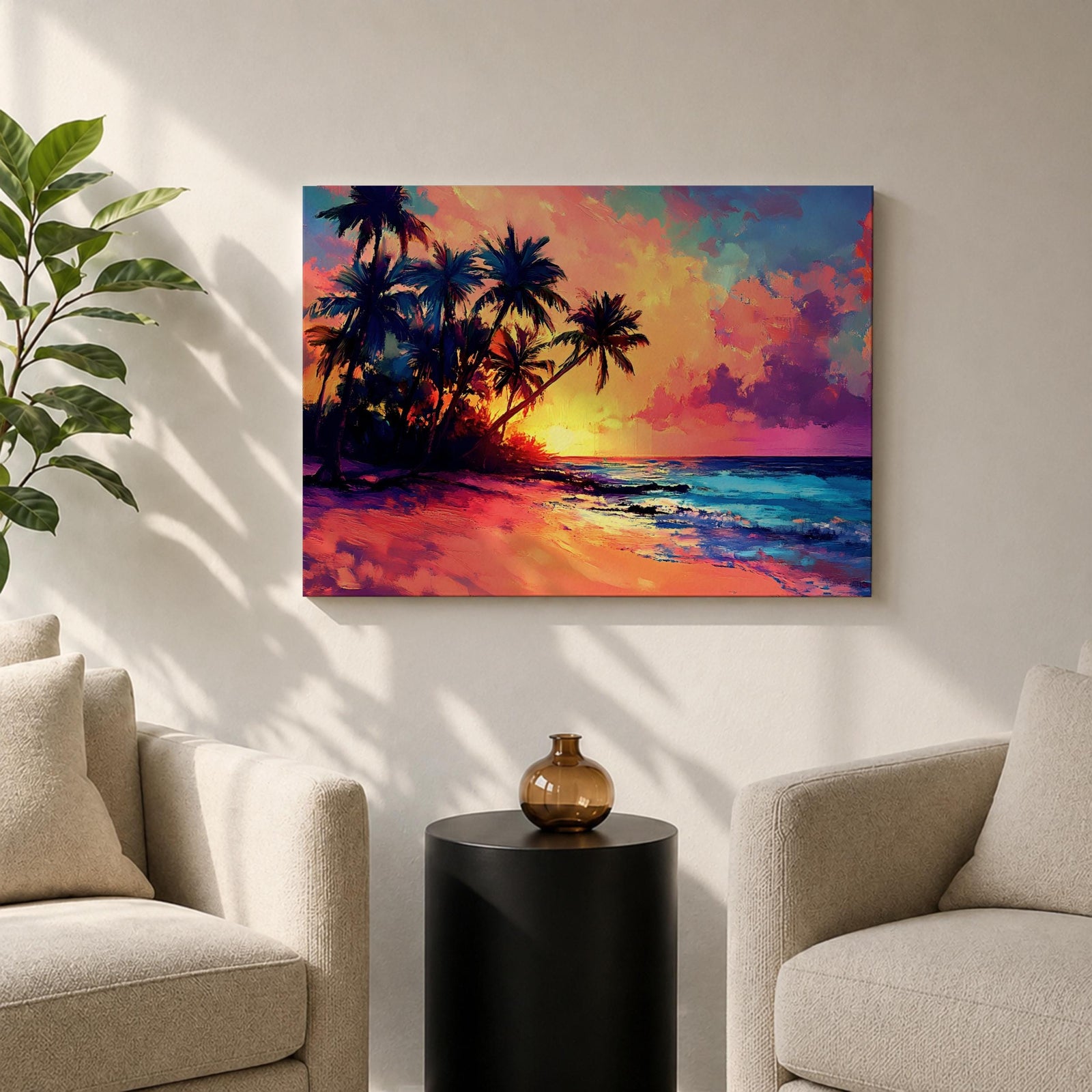 A vibrant tropical sunset painting featuring silhouetted palm trees along a sandy beach with colorful clouds and a glowing sun setting over the ocean horizon in a vivid, painterly style capturing the warmth and tranquility of a beach seascape.