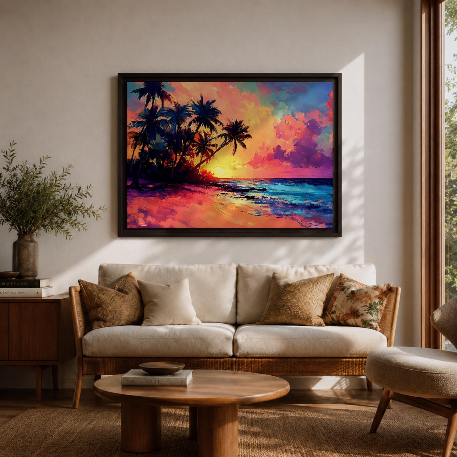 A vibrant tropical sunset painting featuring silhouetted palm trees along a sandy beach with colorful clouds and a glowing sun setting over the ocean horizon in a vivid, painterly style capturing the warmth and tranquility of a beach seascape.