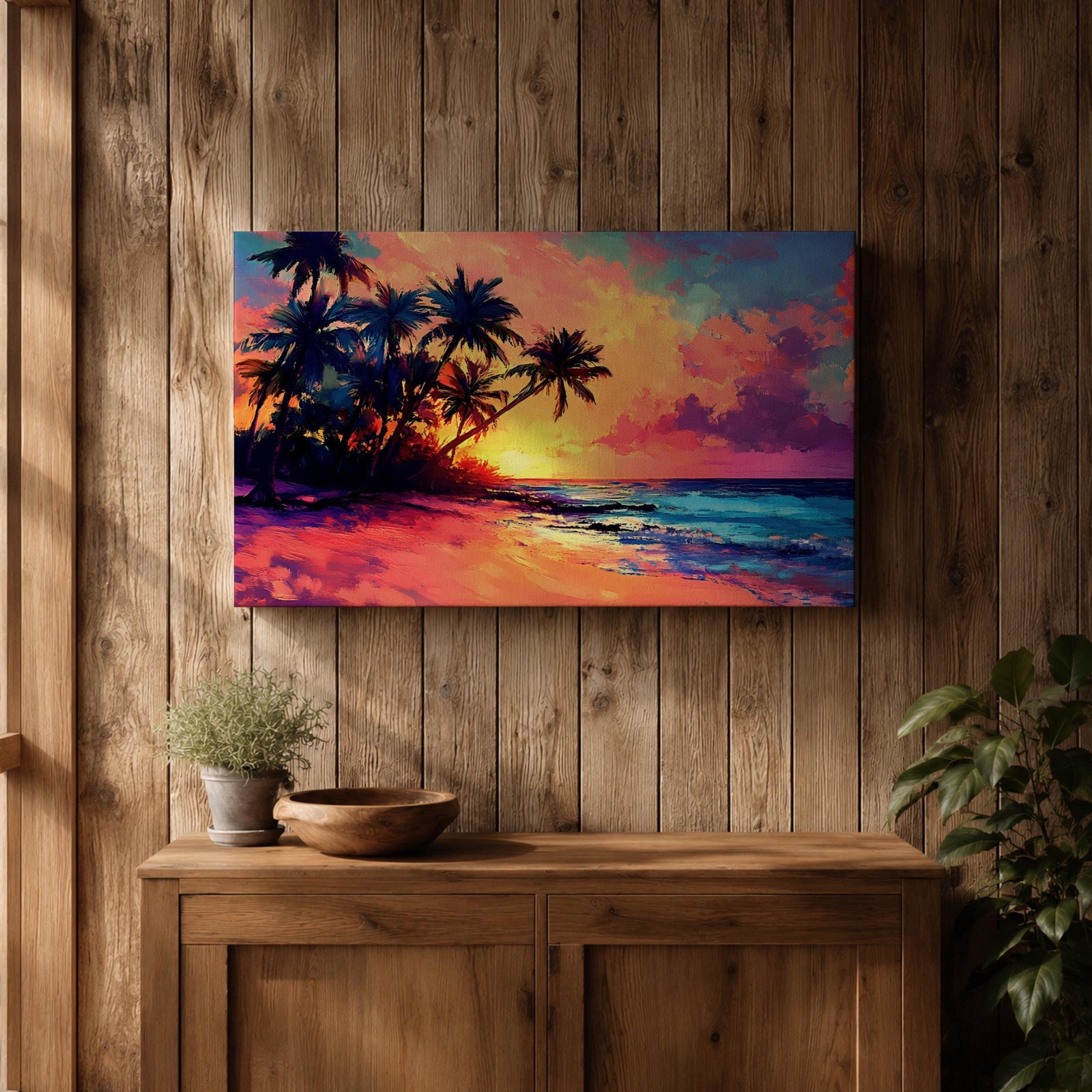 A vibrant tropical sunset painting featuring silhouetted palm trees along a sandy beach with colorful clouds and a glowing sun setting over the ocean horizon in a vivid, painterly style capturing the warmth and tranquility of a beach seascape.