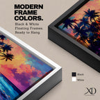 A vibrant tropical sunset painting featuring silhouetted palm trees along a sandy beach with colorful clouds and a glowing sun setting over the ocean horizon in a vivid, painterly style capturing the warmth and tranquility of a beach seascape.