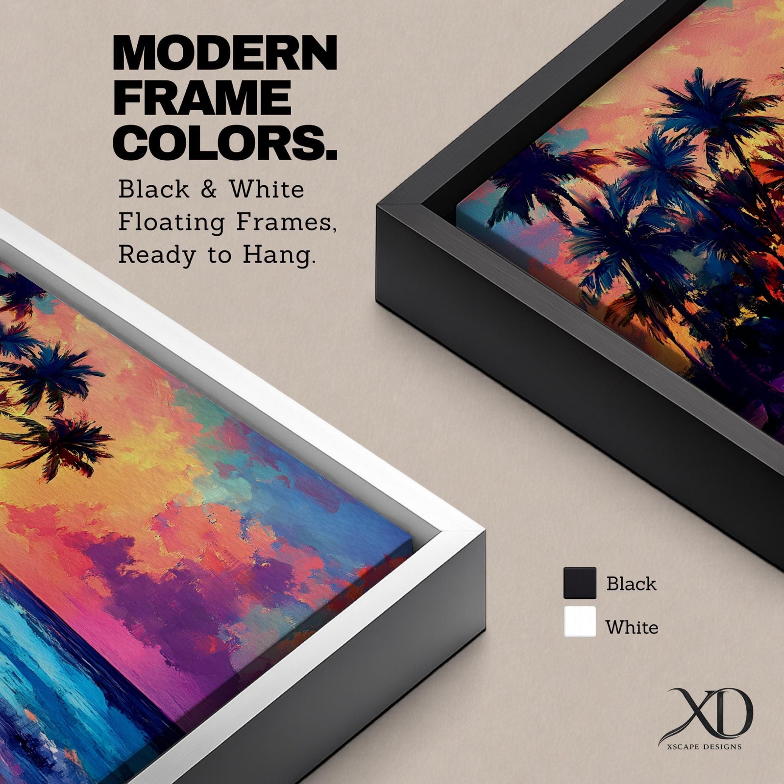 A vibrant tropical sunset painting featuring silhouetted palm trees along a sandy beach with colorful clouds and a glowing sun setting over the ocean horizon in a vivid, painterly style capturing the warmth and tranquility of a beach seascape.
