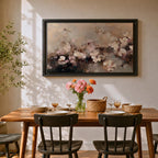 An abstract framed canvas artwork depicting cherry blossom flowers in soft, blurred tones with textured brush strokes creating a delicate floral composition that evokes the beauty of spring blooms in a modern artistic style.