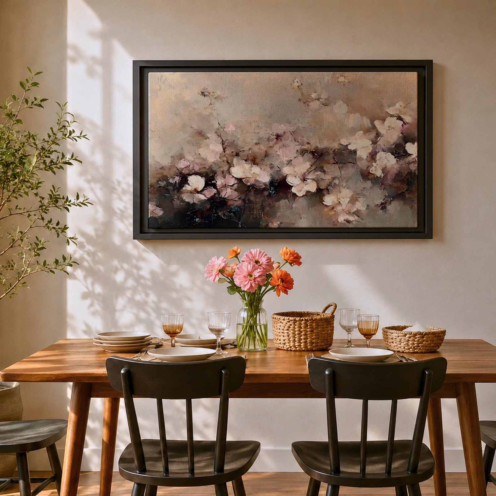 An abstract framed canvas artwork depicting cherry blossom flowers in soft, blurred tones with textured brush strokes creating a delicate floral composition that evokes the beauty of spring blooms in a modern artistic style.