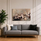 An abstract framed canvas artwork depicting cherry blossom flowers in soft, blurred tones with textured brush strokes creating a delicate floral composition that evokes the beauty of spring blooms in a modern artistic style.