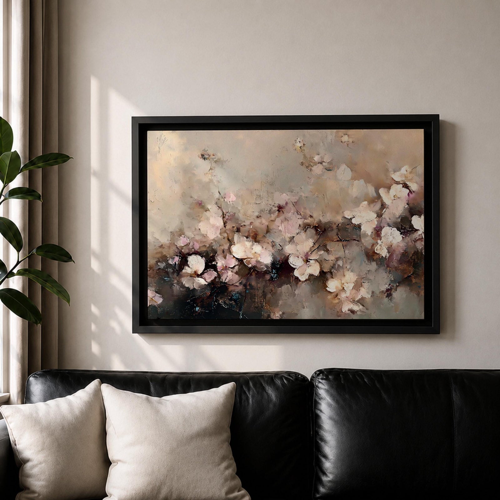 An abstract framed canvas artwork depicting cherry blossom flowers in soft, blurred tones with textured brush strokes creating a delicate floral composition that evokes the beauty of spring blooms in a modern artistic style.