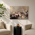An abstract framed canvas artwork depicting cherry blossom flowers in soft, blurred tones with textured brush strokes creating a delicate floral composition that evokes the beauty of spring blooms in a modern artistic style.