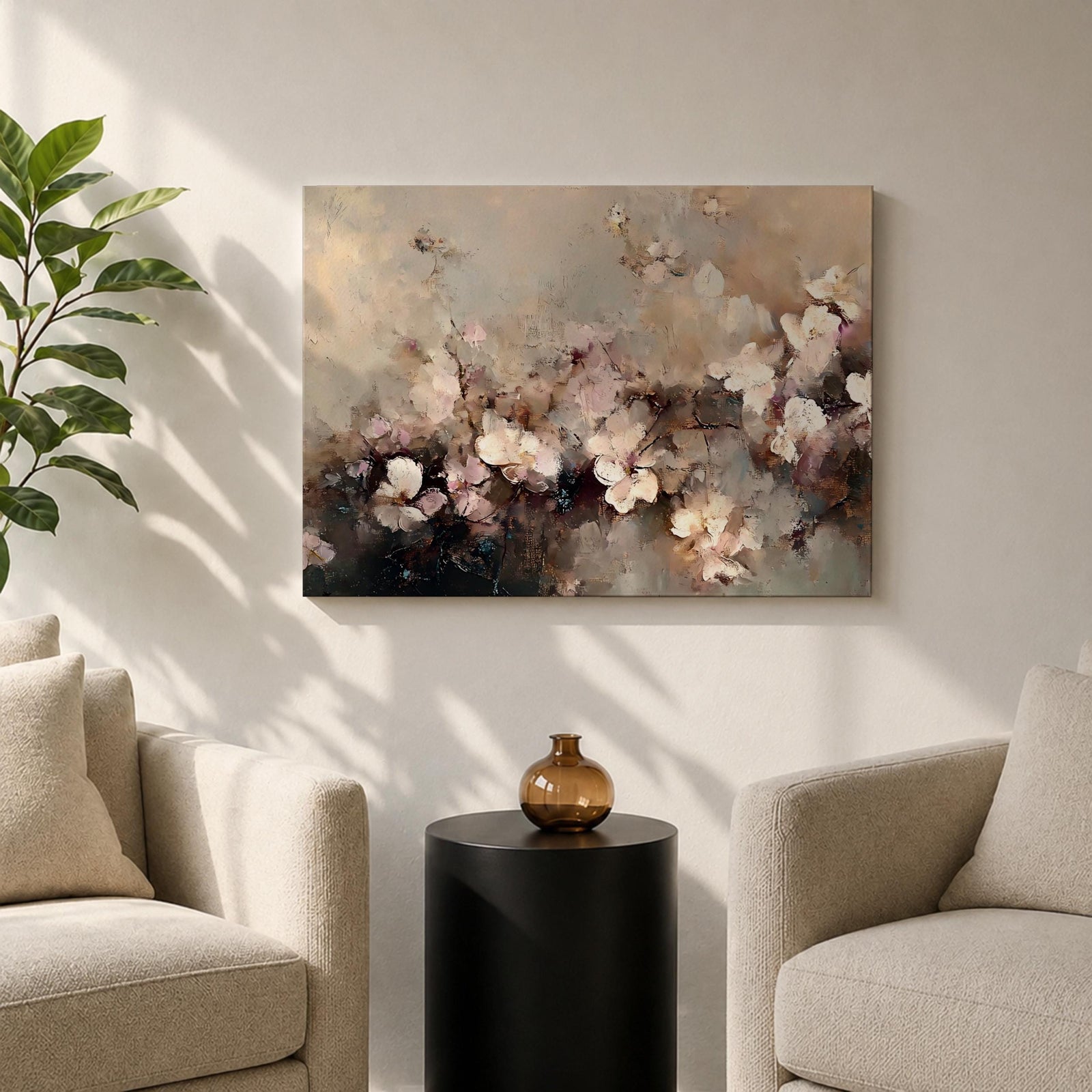 An abstract framed canvas artwork depicting cherry blossom flowers in soft, blurred tones with textured brush strokes creating a delicate floral composition that evokes the beauty of spring blooms in a modern artistic style.