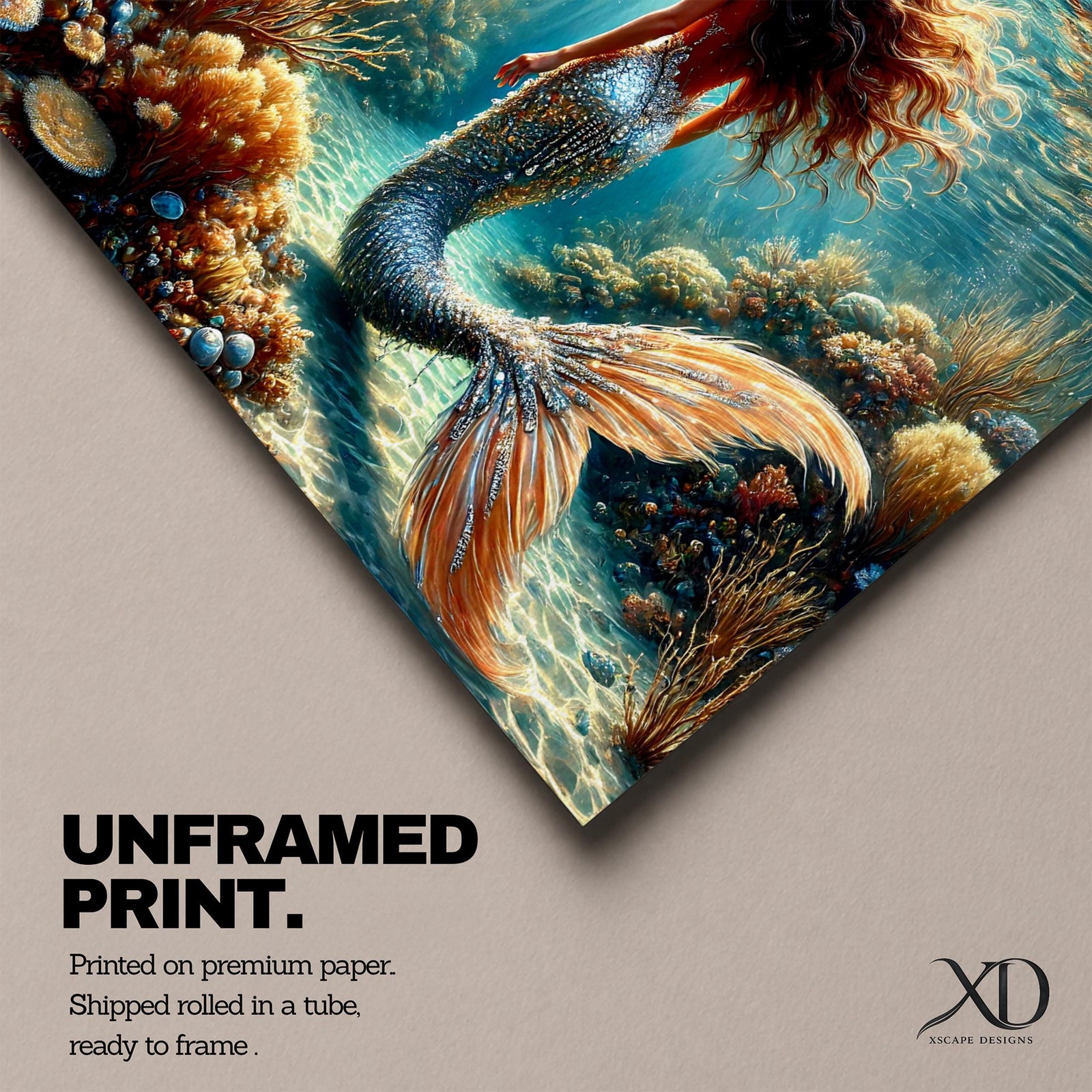 A detailed underwater scene featuring a mermaid with flowing hair and a shimmering tail surrounded by coral reefs and tropical fish, rendered in a realistic style that captures the fantasy and mythological essence of the sea maiden in a vibrant ocean environment.