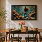 A detailed underwater scene featuring a mermaid with flowing hair and a shimmering tail surrounded by coral reefs and tropical fish, rendered in a realistic style that captures the fantasy and mythological essence of the sea maiden in a vibrant ocean environment.