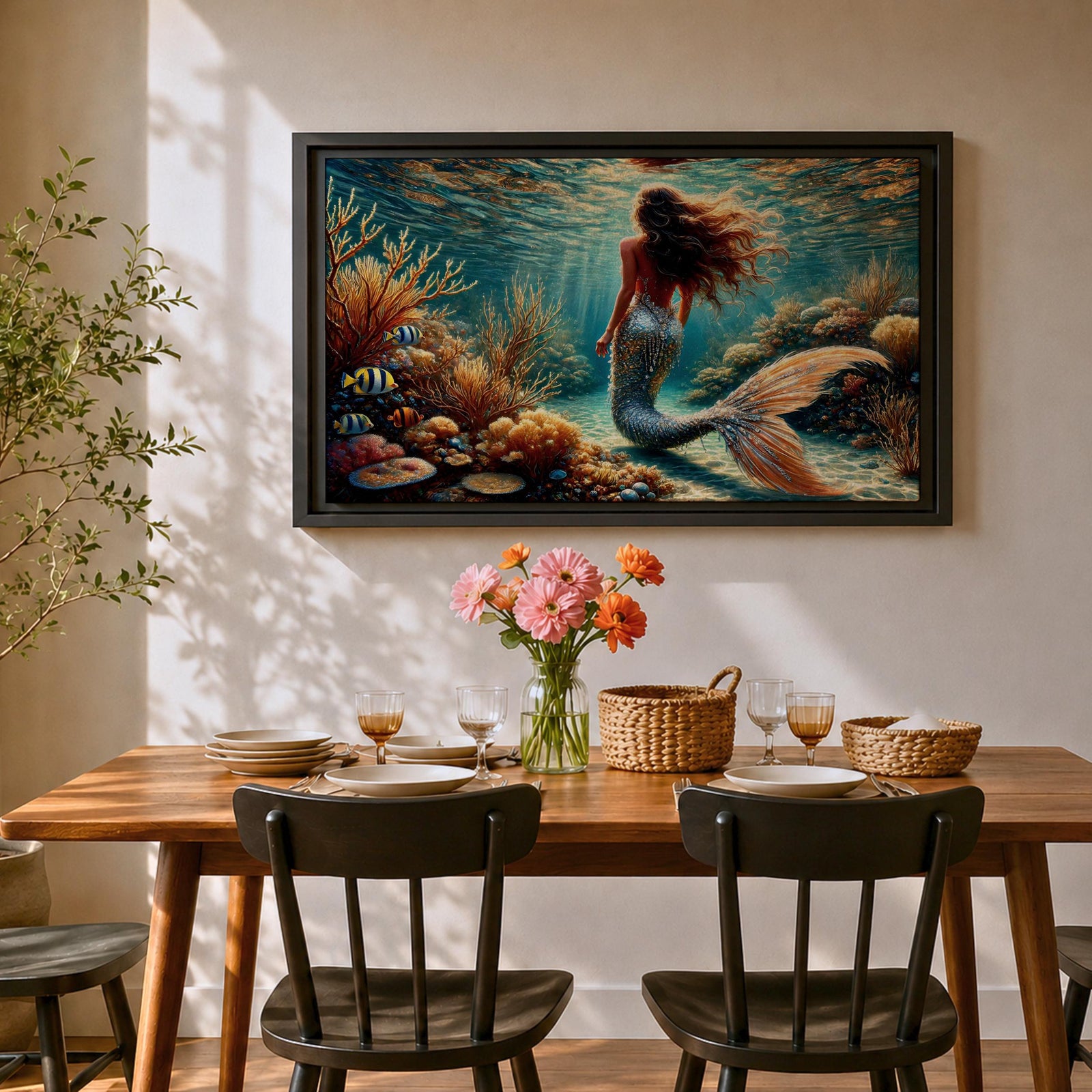 A detailed underwater scene featuring a mermaid with flowing hair and a shimmering tail surrounded by coral reefs and tropical fish, rendered in a realistic style that captures the fantasy and mythological essence of the sea maiden in a vibrant ocean environment.