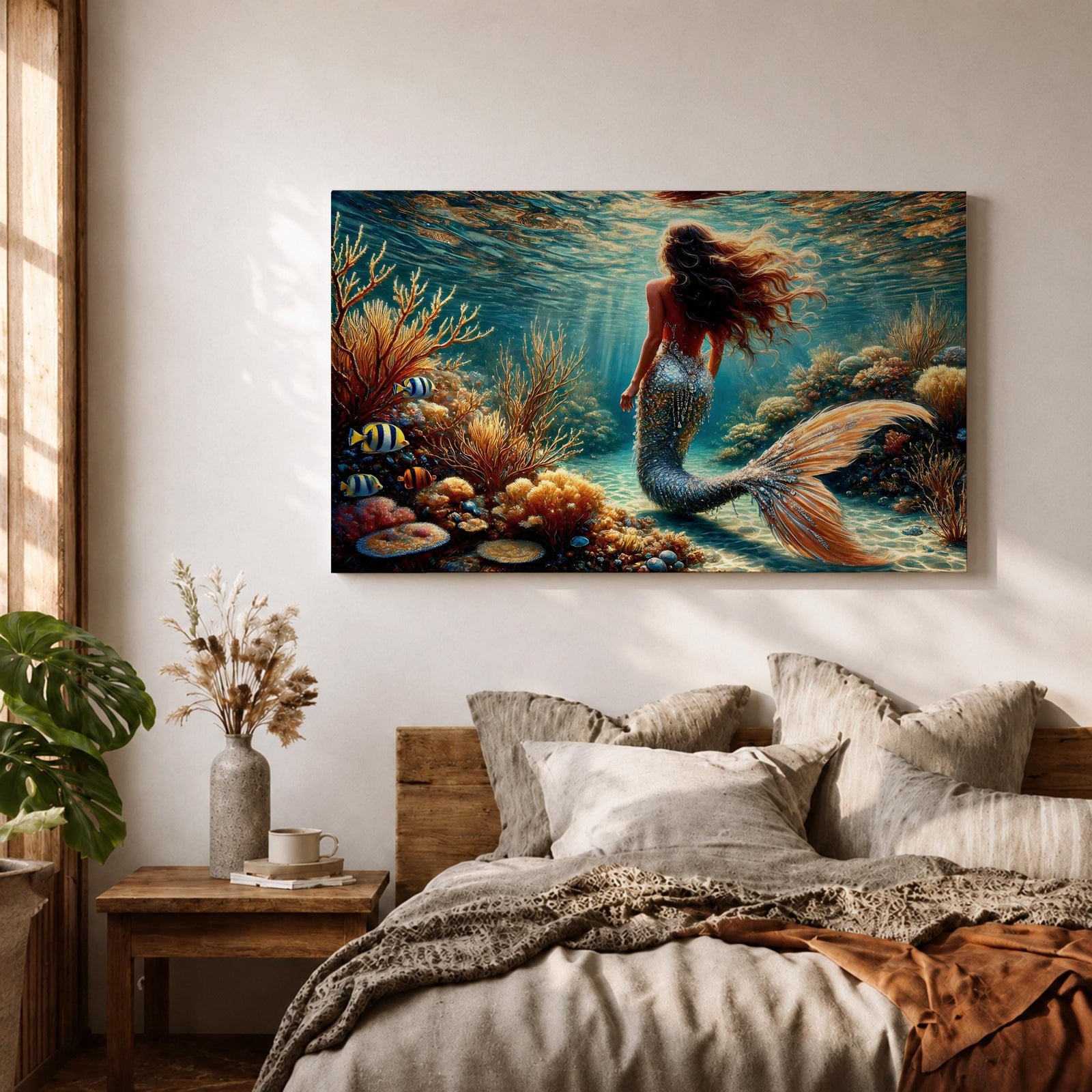 A detailed underwater scene featuring a mermaid with flowing hair and a shimmering tail surrounded by coral reefs and tropical fish, rendered in a realistic style that captures the fantasy and mythological essence of the sea maiden in a vibrant ocean environment.