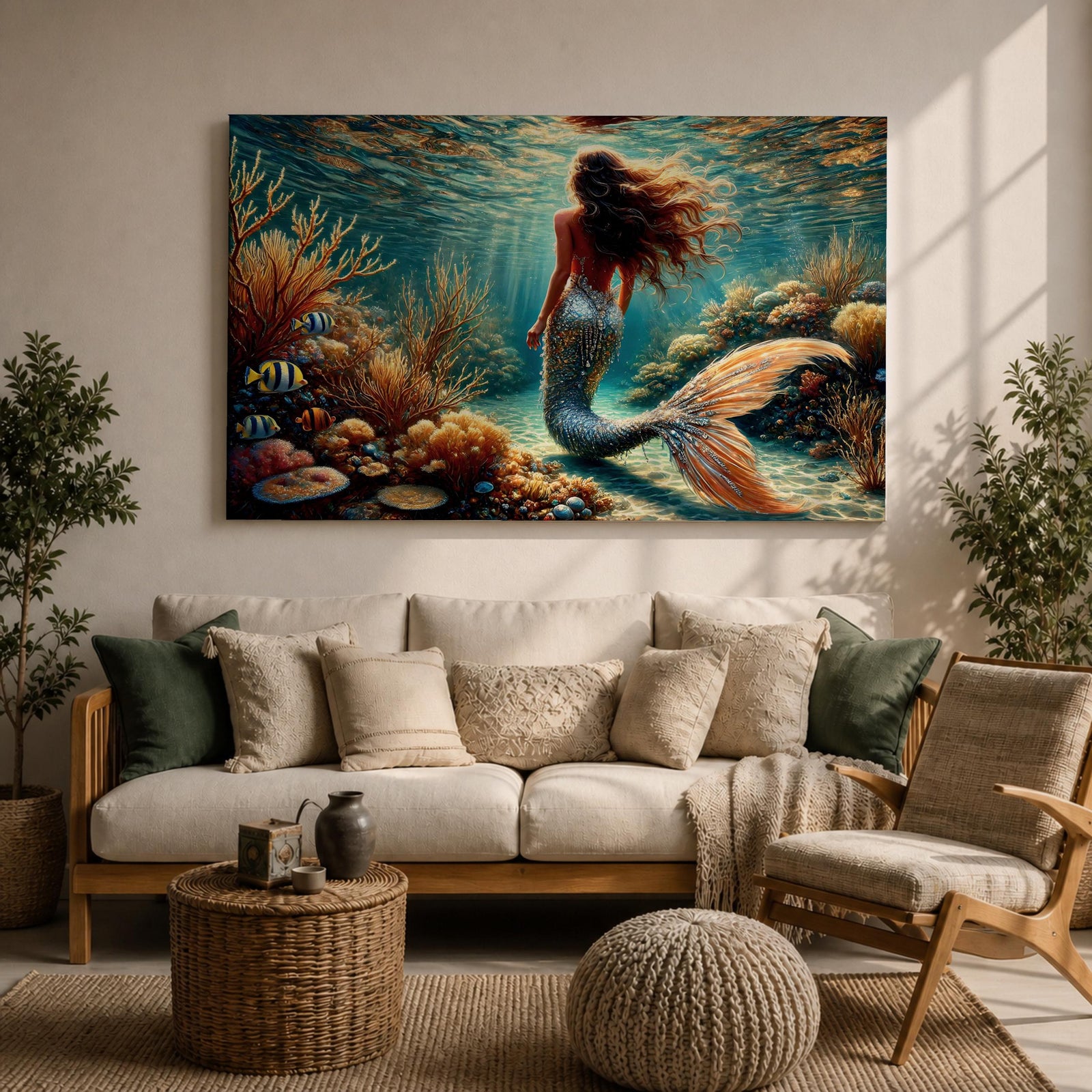A detailed underwater scene featuring a mermaid with flowing hair and a shimmering tail surrounded by coral reefs and tropical fish, rendered in a realistic style that captures the fantasy and mythological essence of the sea maiden in a vibrant ocean environment.
