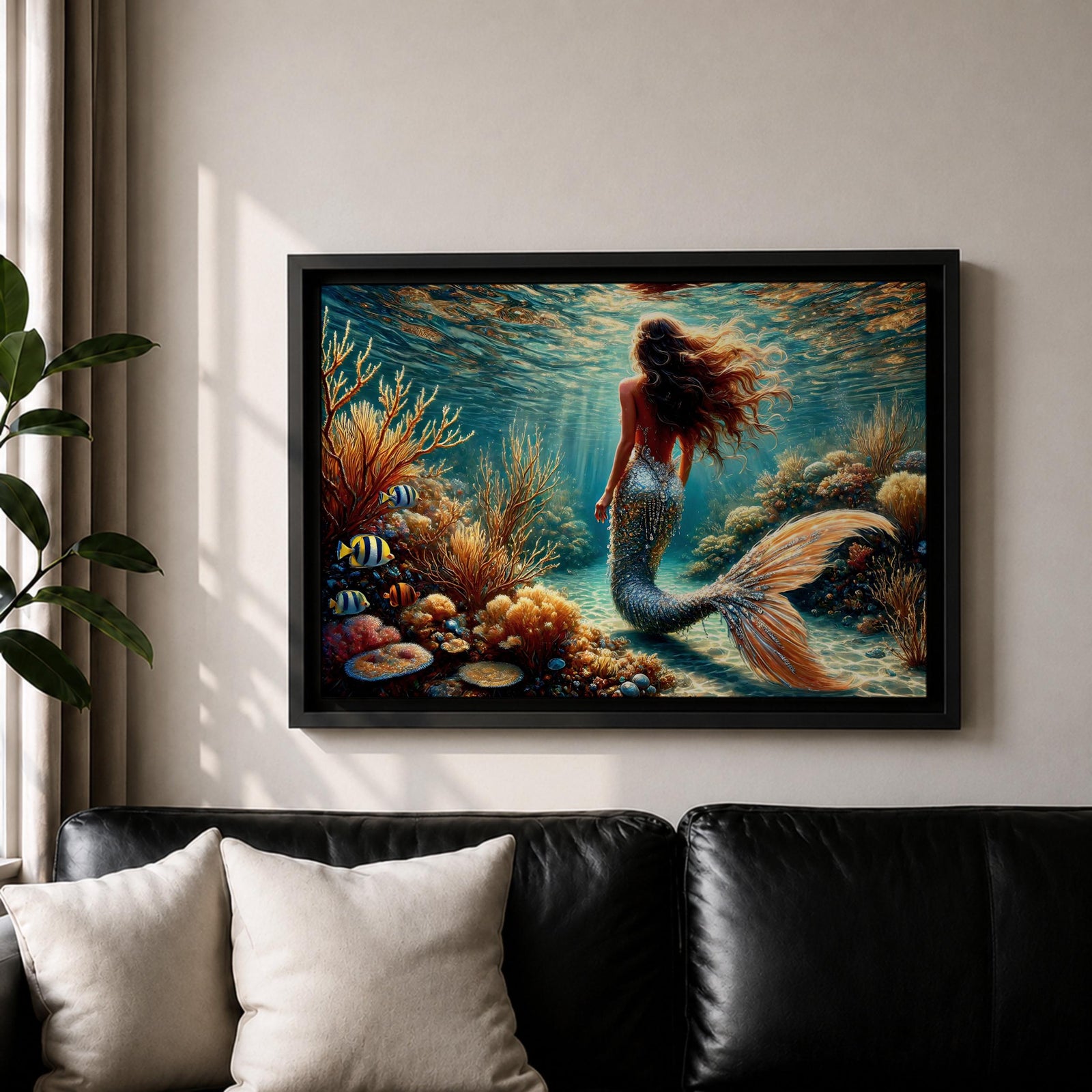 A detailed underwater scene featuring a mermaid with flowing hair and a shimmering tail surrounded by coral reefs and tropical fish, rendered in a realistic style that captures the fantasy and mythological essence of the sea maiden in a vibrant ocean environment.