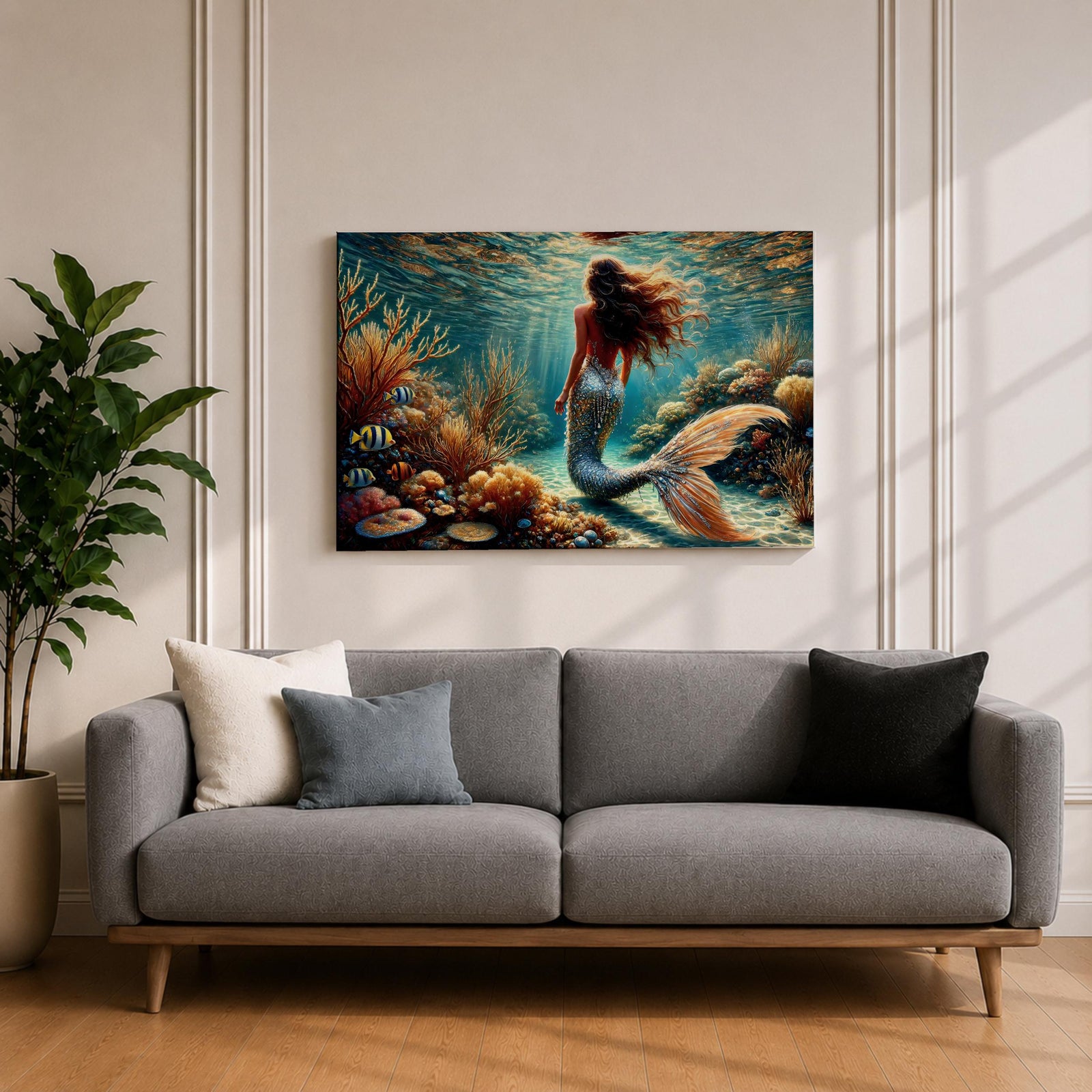 A detailed underwater scene featuring a mermaid with flowing hair and a shimmering tail surrounded by coral reefs and tropical fish, rendered in a realistic style that captures the fantasy and mythological essence of the sea maiden in a vibrant ocean environment.