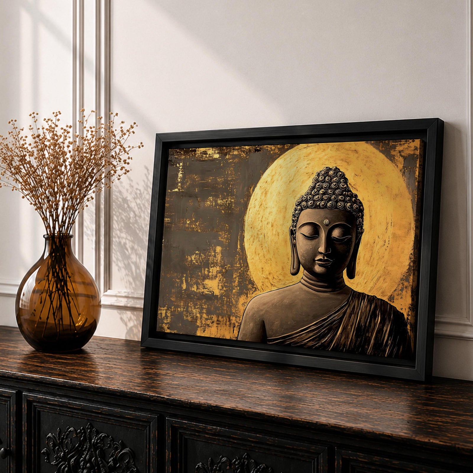 A framed canvas wall art depicting a serene Buddha figure in meditation with closed eyes, featuring a textured golden halo background and detailed curls on the head, rendered in a realistic style emphasizing calm and peaceful expression.