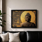 A framed canvas wall art depicting a serene Buddha figure in meditation with closed eyes, featuring a textured golden halo background and detailed curls on the head, rendered in a realistic style emphasizing calm and peaceful expression.