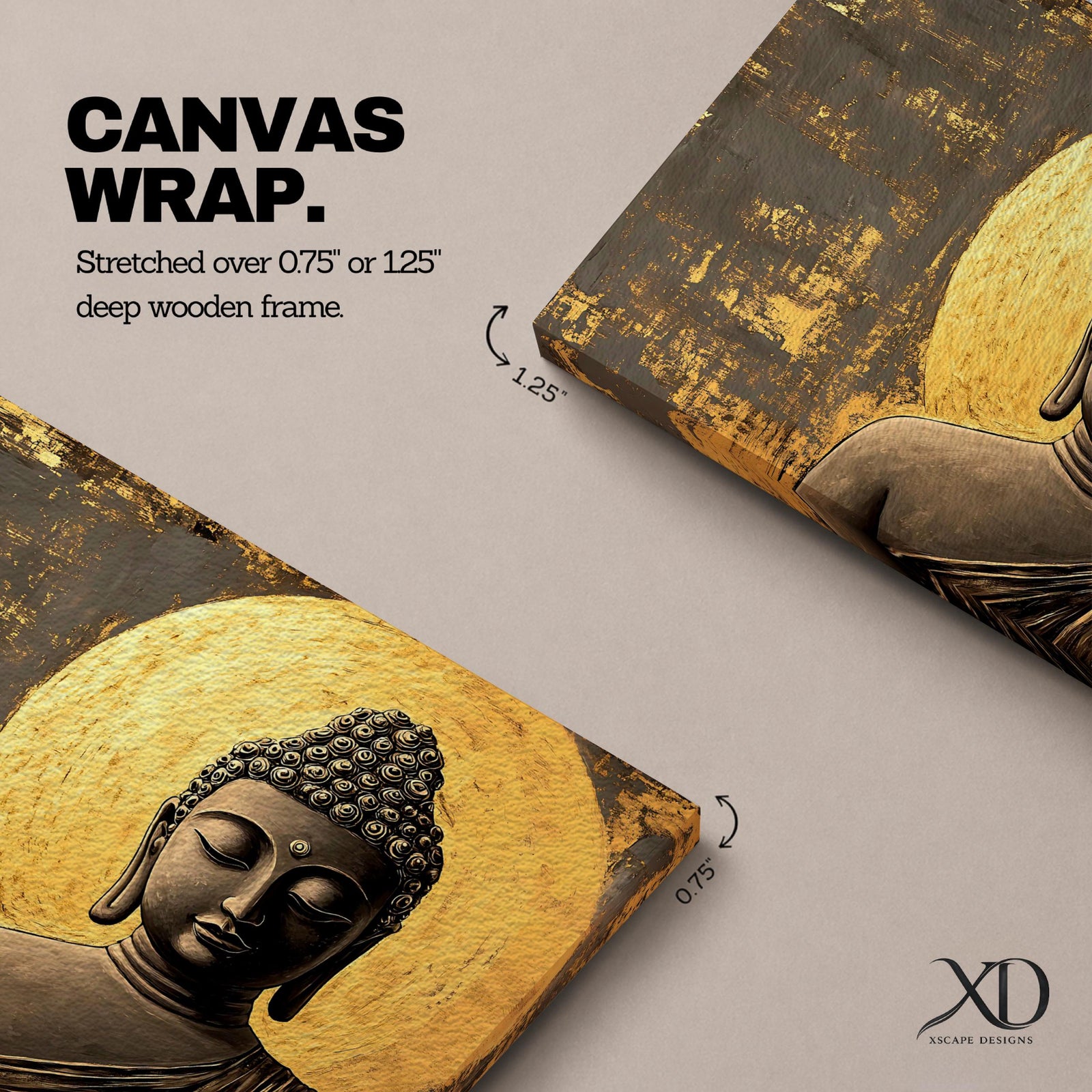 A framed canvas wall art depicting a serene Buddha figure in meditation with closed eyes, featuring a textured golden halo background and detailed curls on the head, rendered in a realistic style emphasizing calm and peaceful expression.