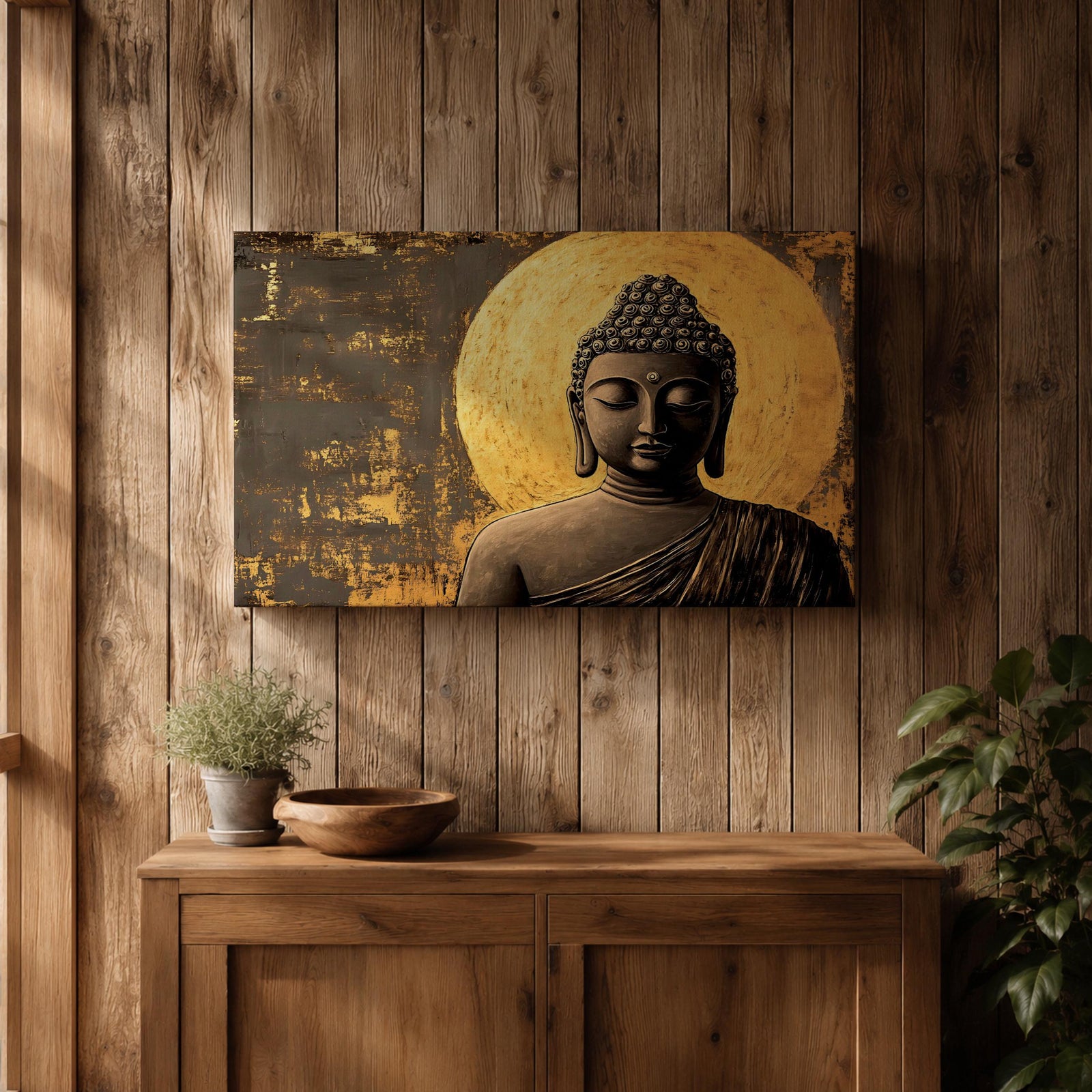A framed canvas wall art depicting a serene Buddha figure in meditation with closed eyes, featuring a textured golden halo background and detailed curls on the head, rendered in a realistic style emphasizing calm and peaceful expression.