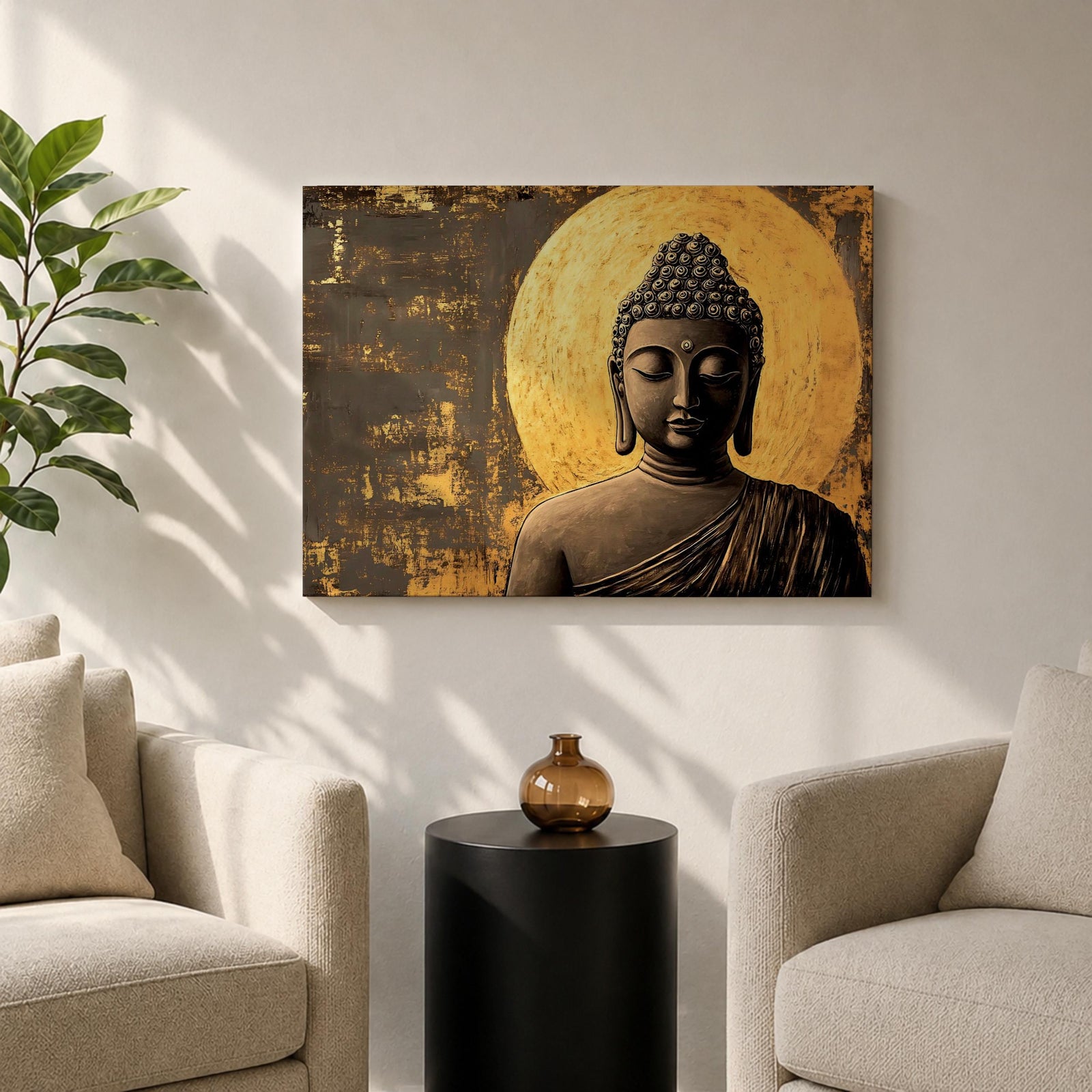 A framed canvas wall art depicting a serene Buddha figure in meditation with closed eyes, featuring a textured golden halo background and detailed curls on the head, rendered in a realistic style emphasizing calm and peaceful expression.